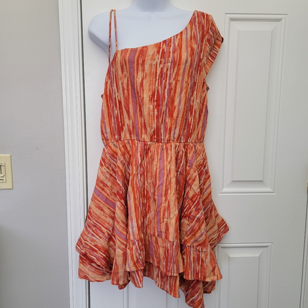 Free People Heart Shaped Face One Shoulder Mini Dress Orange/Multi-Size L #NA228 - Picture 1 of 10
